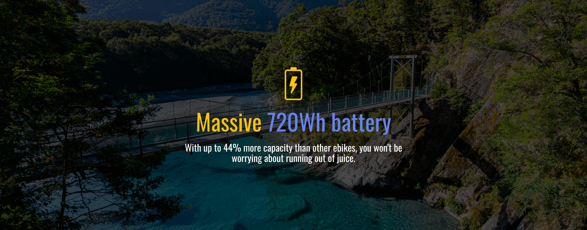 Massive 720Wh battery. With up to 44% more capacity than other ebikes, you won't be worrying about running out of juice.