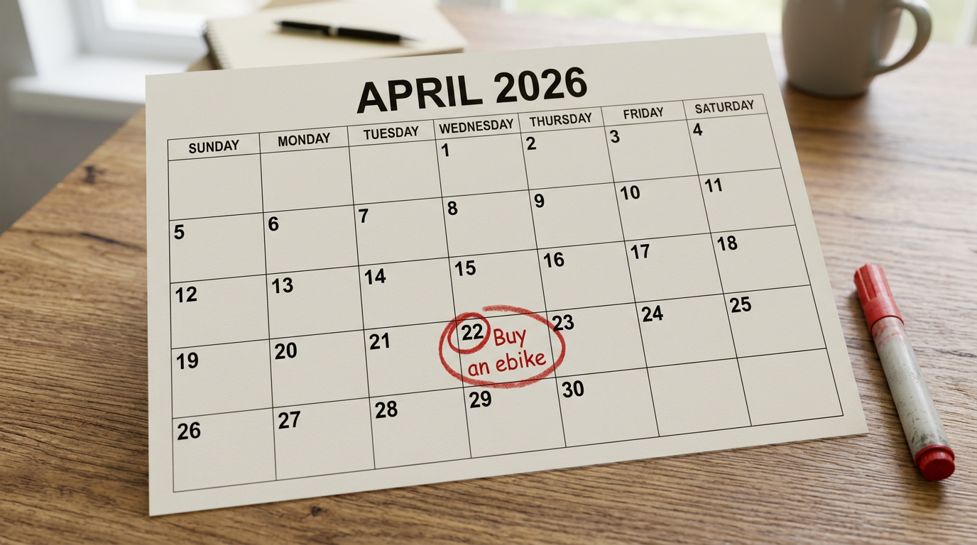 Calendar image showing April 2026 buy an ebike. Why now is a good time to buy an electric bike.